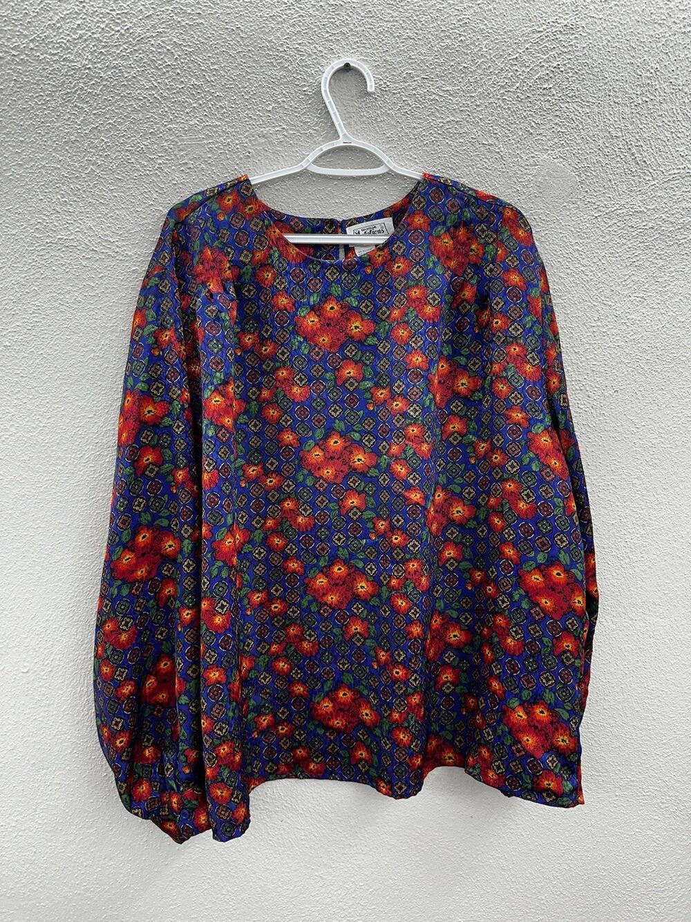 Womens Notations Blouse Plus Size 24W Floral Blue Long Sleeve Satin Vintage